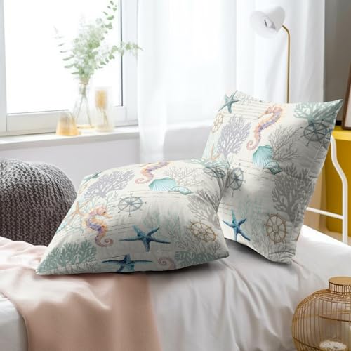 Imiss Nautical Coastal Pillow Covers Set of 2 - 18x18 Inch Starfish & Seashell Design