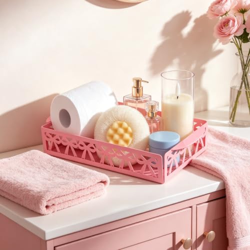 Pink Bow Toilet Paper Holder - Cute Metal Bathroom Storage Basket
