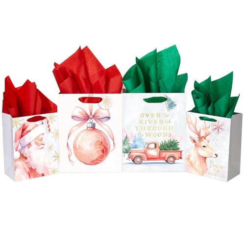 Jotique 4-Pack Pink Christmas Gift Bags with Tissue Paper, Medium