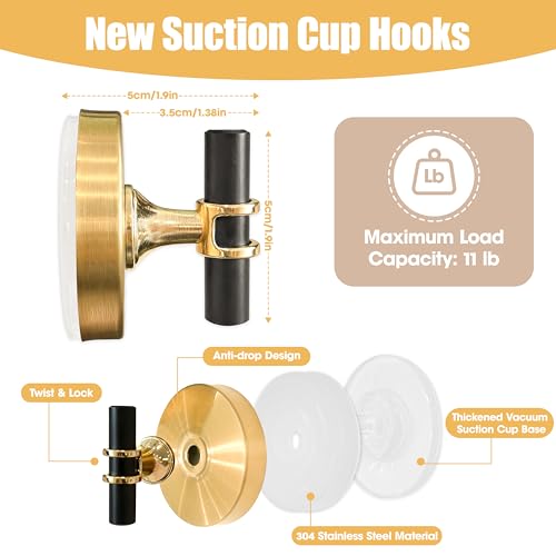 Gold & Black No Drill Suction Cup Hooks - 2 Pack 304 Stainless Steel