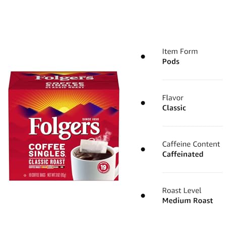 Folgers Classic Roast Medium Roast Coffee Singles Pack of 12 (228 Bags)