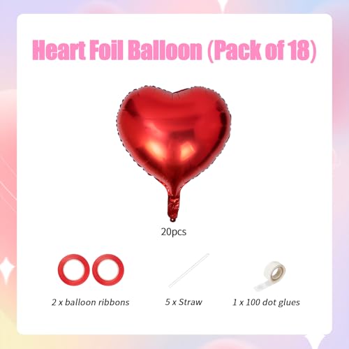 Red Foil Heart Balloons 18 Inch 20pcs Set for Wedding & Valentine's Day