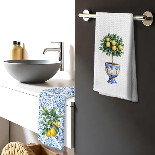 Chinoiserie Lemon Hand Towels - Set of 2, 16x24 Inch Decorative Kitchen & Bathroom Towels