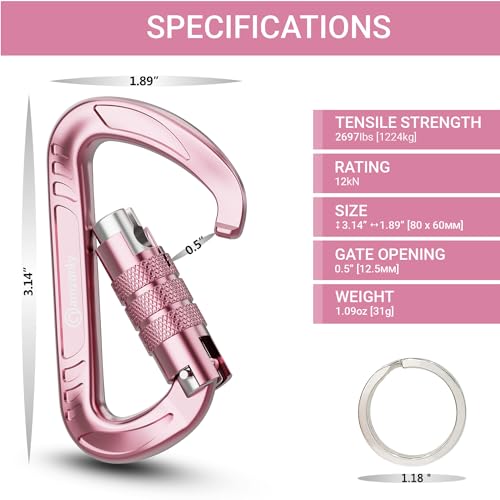 3inch Auto Locking Carabiner Clips Heavy Duty, 12KN /2697lbs Lightweight keychain carabiners, Sturdy Twist Lock Caribeeners for Camping Hiking Hammock Swing Backpack, dog leash and Harness etc