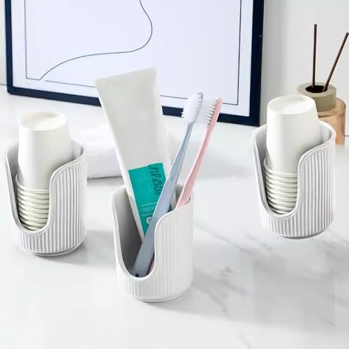 Kemcatui White Plastic Bathroom Cup Dispenser - Modern Vertical Stripe Design, Fits 3-4oz Paper Cups