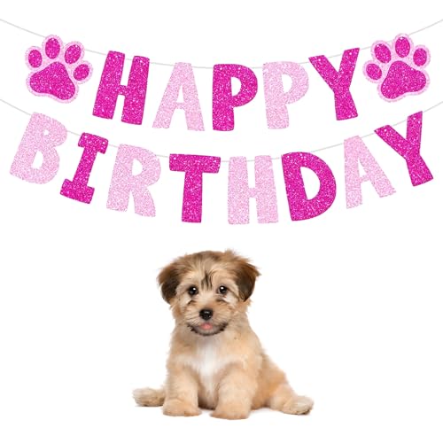 Pink Paw Dog Birthday Banner - Glitter Pet Party Decoration (Pink1)