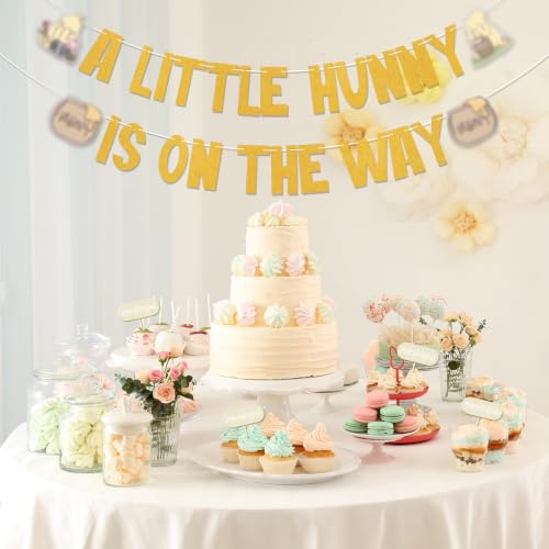A Little Hunny is on the Way Gold Glitter Banner - Bear Baby Shower Decorations