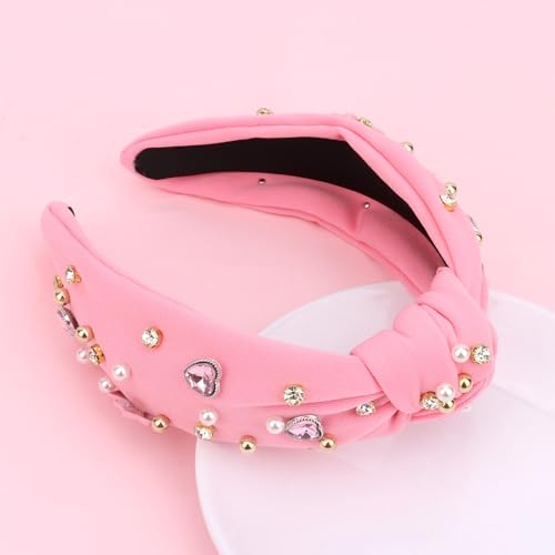CURASA Valentine's Day Pink Pearl Rhinestone Knot Headband for Women