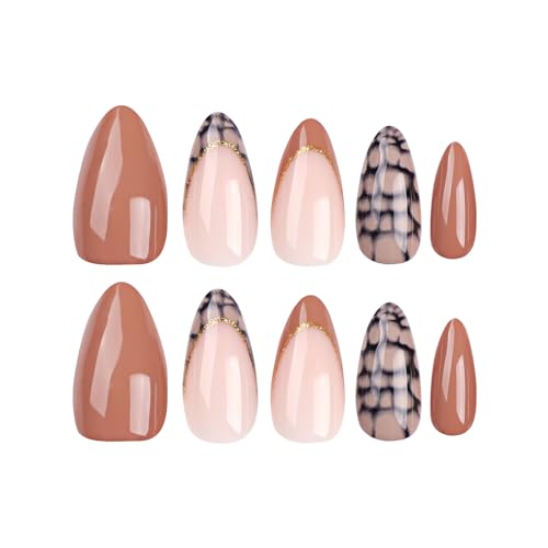 Fall Press on Nails Almond French Tips Nude Brown Gold Glitter Medium