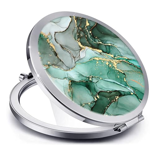 LONNAONE Compact Mirror, 2X Magnifying Pocket Mirror - Silver Jade Green Marble