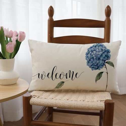 Watercolor Hydrangea Welcome Throw Pillow Cover - 12x20 Inch Floral Cushion Case