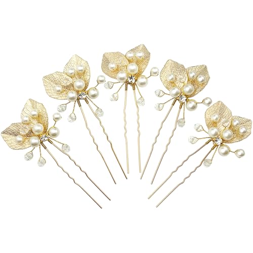 BETITETO Gold Pearl Wedding Hair Pins 5pcs - Crystal Leaf Bridal Hair Pieces