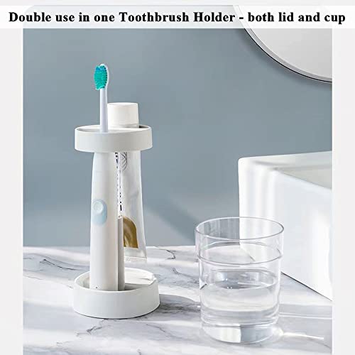 White Toothbrush Holder with Cup - 2 Slots for Electric & Manual Brushes