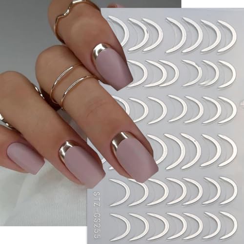 BYJKYEN French Tip Nail Stickers Gold Silver Wave Line Art Decals 6 Sheets