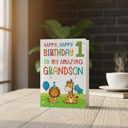 Cute Jungle Animal 1st Birthday Card for Grandson - A5 Premium