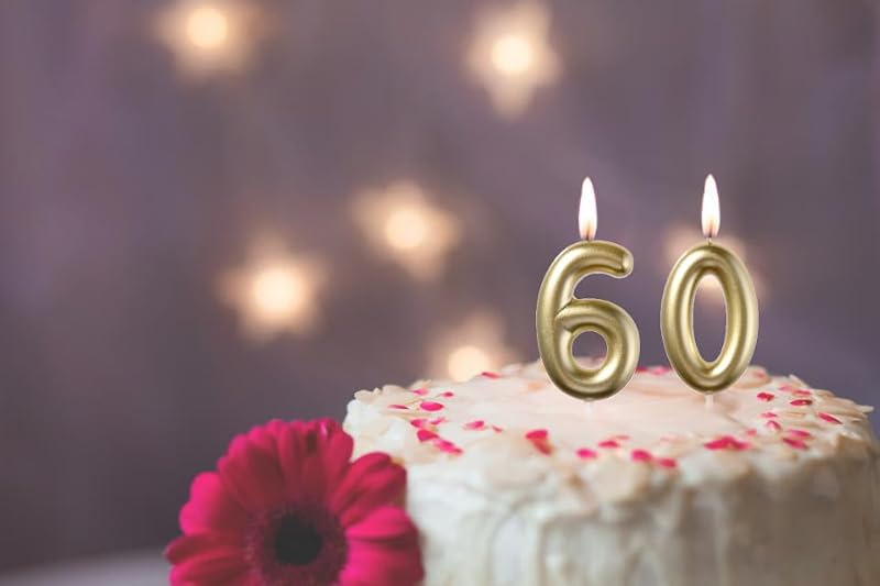 Number 60 Gold Birthday Candles, 2.35-Inch 3D Diamond Cake Topper Set