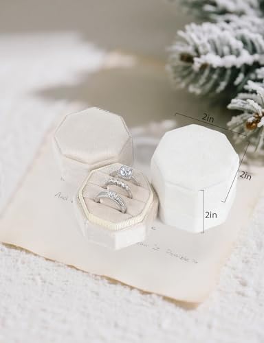 Cream Velvet Octagon Ring Box - 3 Slot Jewelry Holder for Wedding Proposal