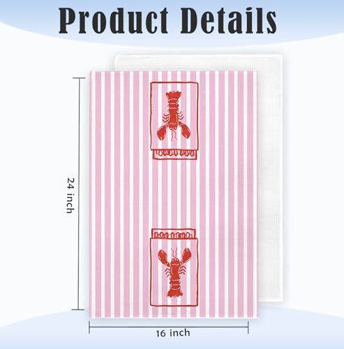Coastal Beach Lobster Kitchen Towels - 16x24 Inch, Pink Striped