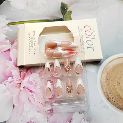 ZIFANHU Short Almond Press on Nails White French Tip with 3D Flower & Pearl