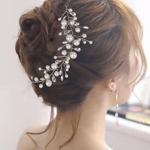 Aimimier Silver Crystal & Faux Pearl Wedding Hair Vine Headband