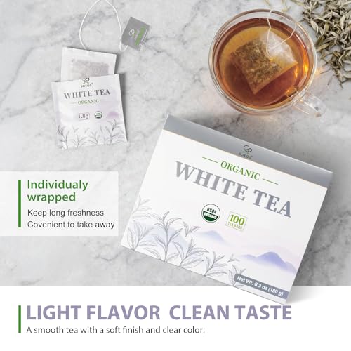 Soeos Organic White Tea - 200 Individually Wrapped Tea Bags, Low Caffeine, Floral Aroma, Smooth Taste
