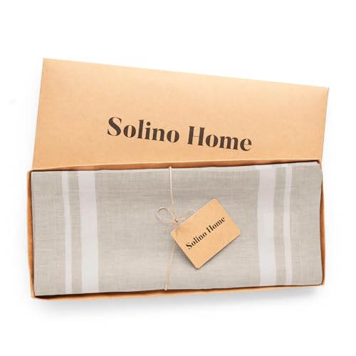 Pure Linen Table Runner 14 x 90 Inches - White & Natural Stripe