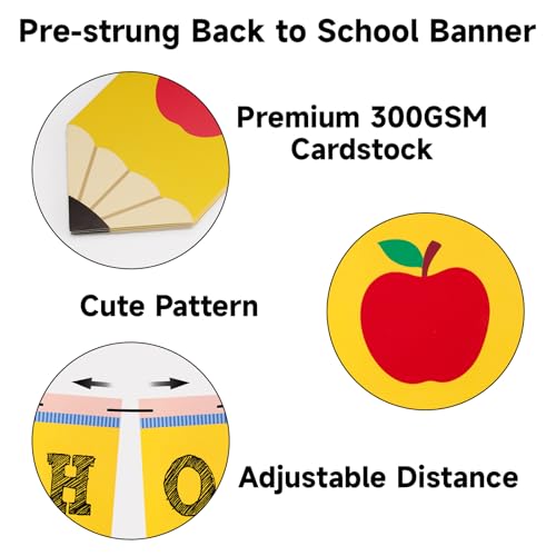 jijAcraft Pre-Strung Back to School Banner - Yellow Pencil & Apple Garland