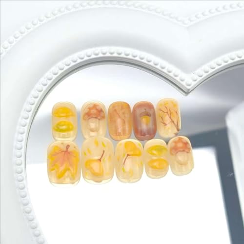 Fall Short Square Press On Nails 3D Maple Leaf False Acrylic Nails