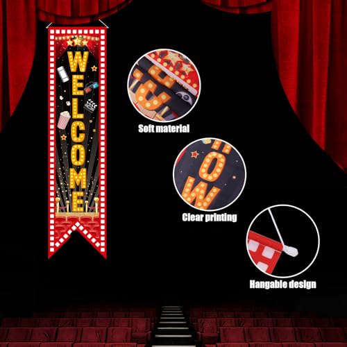 Movie Night Porch Banners - 2 pcs Welcome & Now Showing Signs, 47.2x11.8 Inch