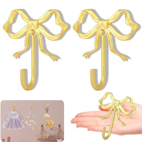 XHIPY Large Gold Bow Wall Hooks - Set of 2 Decorative Metal Coat Hooks