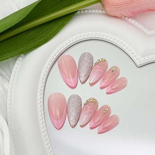 Valentines French Tip Press on Nails Short Almond Pink Heart Fake Nails