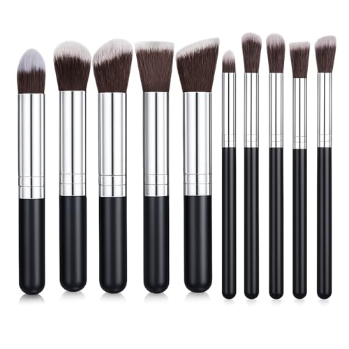10-Piece Makeup Brush Set with Soft Synthetic Bristles and Wooden Handles