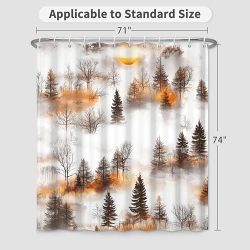 Misty Autumn Forest Shower Curtain with Hooks, 71x74 Inches - Waterproof Fabric for Rustic Bathroom Decor