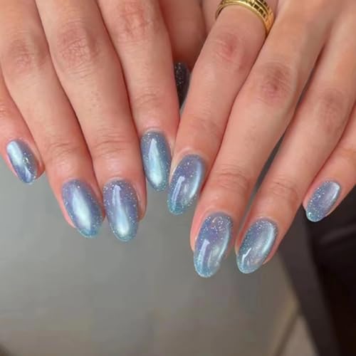 SWEKKE Blue Press On Nails Short Almond Glossy Glitter False Nails 24 Pcs