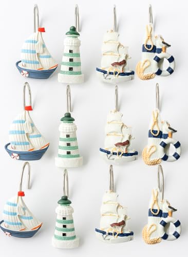 YOINIUEM Nautical Shower Curtain Hooks - White Boat Ocean Set of 12