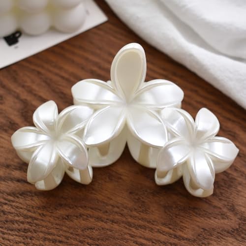 Pearl White Plumeria Flower Hair Claw Clip 4.3 Inch for Thick Hair