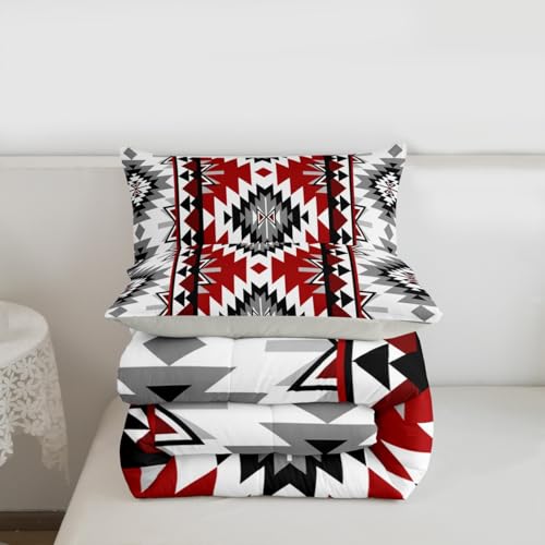 Jejeloiu Boho Kids Full Bedding Set Aztec Design Dark Gray Red 3-Piece