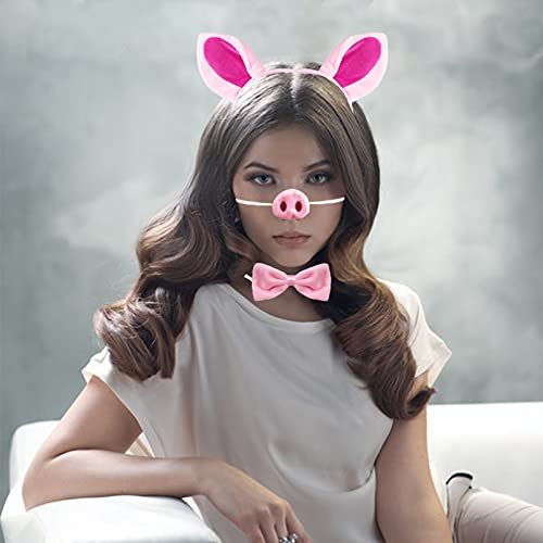 Pink Pig Ears Headband Nose Bow Tie and Tail Costume Set for Cosplay and Parties