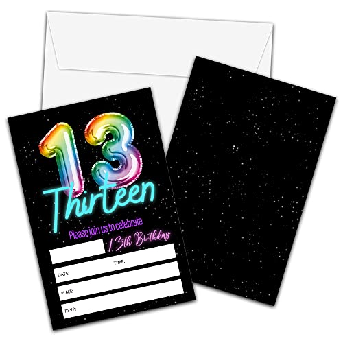 13th Birthday Invitations with Envelopes Neon Glow Party Cards 20 Pack