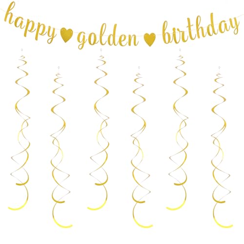 Happy Golden Birthday Banner with Metallic Foil Swirls