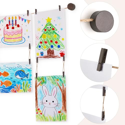 Mkono Kids Art Display Hanging Rope with 34 Clips, Dark Brown Boho Wall Decor