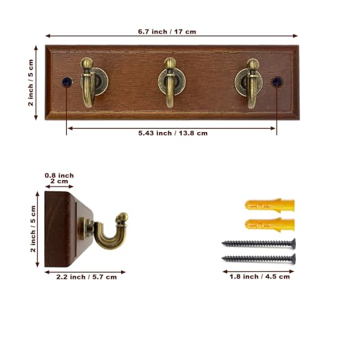 6.7 Inch Wooden Key Holder with 3 Retro Hooks - Wall Mounted Key Rack