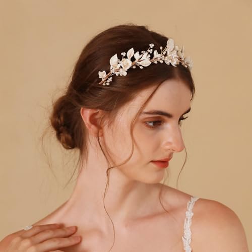 SELFCLOUD Gold Bridal Headband with Handmade Resin Flowers and Pearls