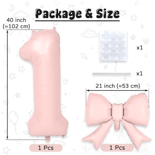 40 Inch Dusty Pink Number 1 Balloon with Matching Bow for 1st Birthday