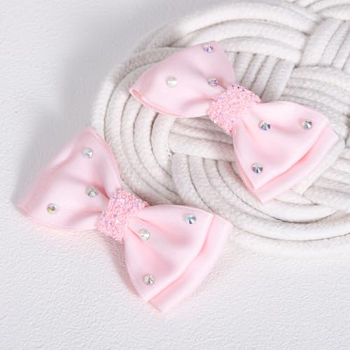 Light Pink Satin Ribbon Hair Bows with Rhinestone Alligator Clips - 2 Pack