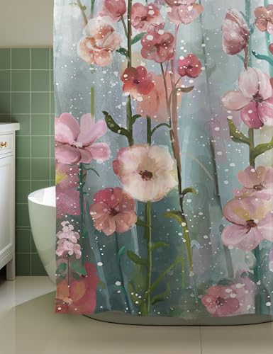 SUMGAR Pink Floral Shower Curtain, 72x72 Inch Fabric Bath Curtain Set