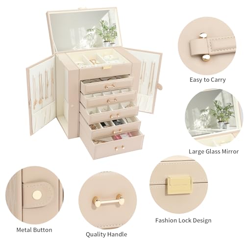 Apricot Jewelry Organizer Box with 6 Layers & Mirror - Large Storage Case for Women
