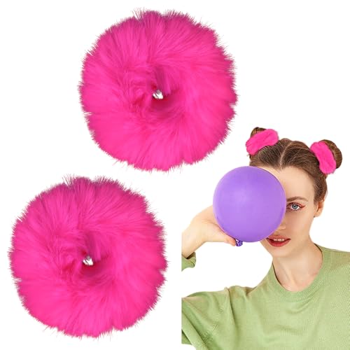 Semato Hot Pink Fuzzy Hair Scrunchies 2Pcs Faux Fur Pom Pom Ponytail Holders