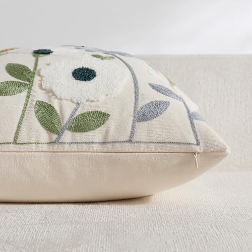DEZENE Floral Embroidered Lumbar Pillow Cover 12x20 for Spring Decor
