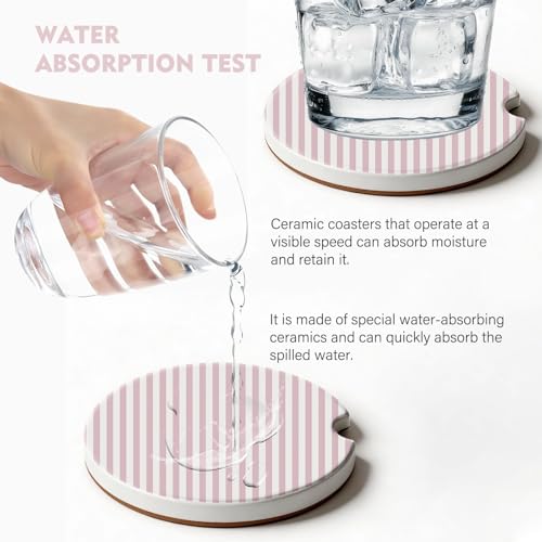 Pink Stripes Car Coasters - 2 Pack Absorbent Ceramic Coasters with Cork Base